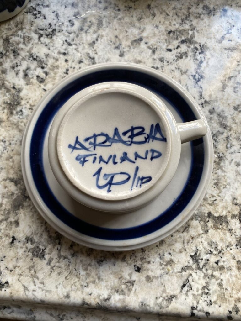 Read more about the article ARABIA FINLAND ANEMONE Cobalt Blue Ulla Procopé Flat Tea Cup Saucer Set Mint