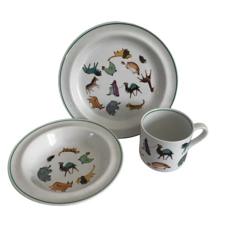 Read more about the article Arabia Finland Child Set Plate Cup Bowl Zoo Animals Parade Anja Jurrikkala 50s