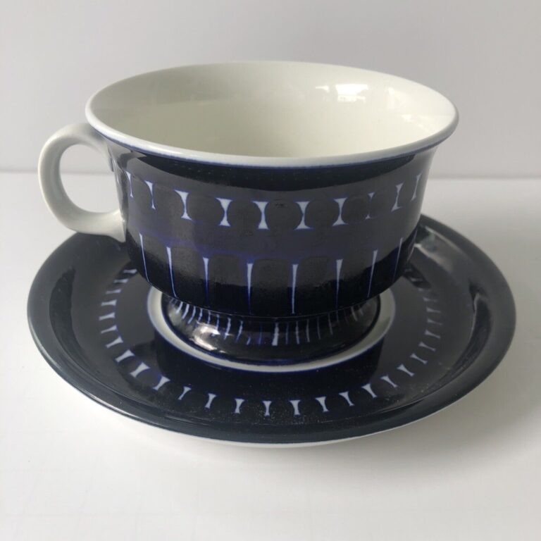 Read more about the article MCM Arabia Finland Valencia Ulla Procope Footed Cup and Saucer Set Mug Blue/White