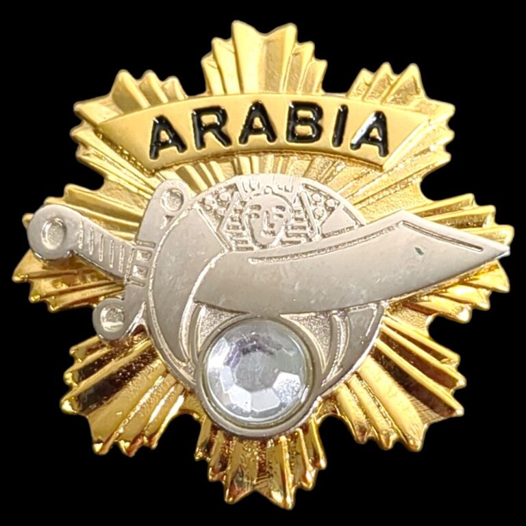 Read more about the article Shriners Arabia Temple Sword Rhinestone Lapel Hat Pin Parade Gold Tone