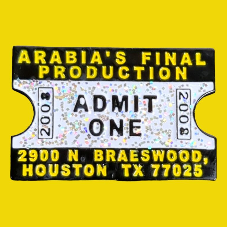 Read more about the article 2003 Arabia’s Final Production Admit One Houston Lapel Hat Pin Shriners Parade