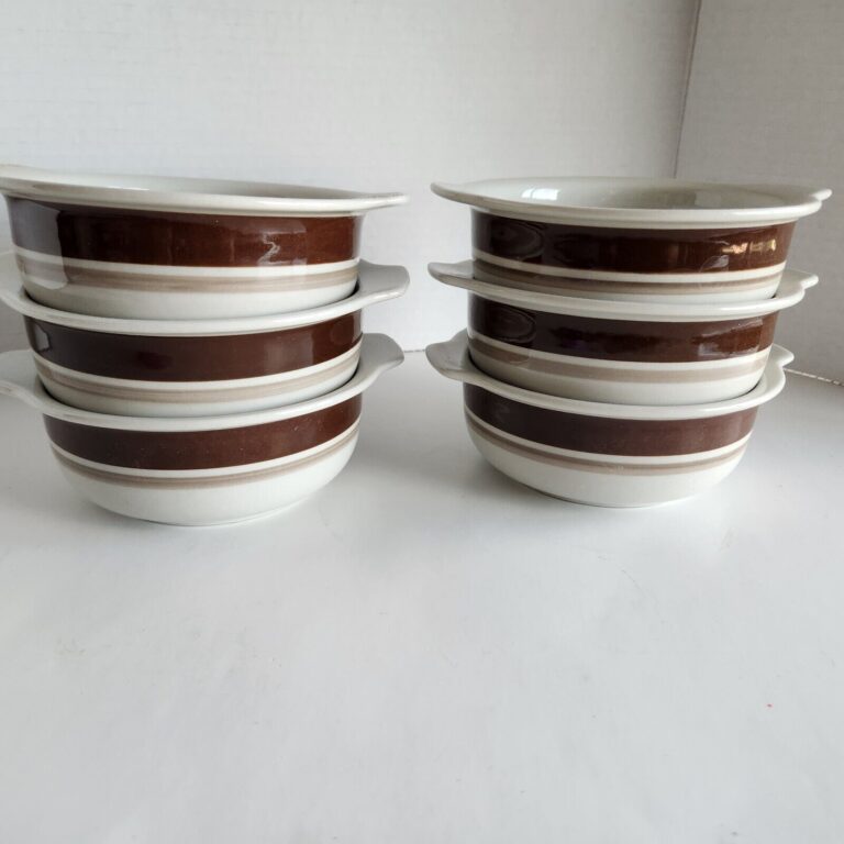 Read more about the article Arabia Finland Pirtti 17 Set Of Six Cereal Bowls Brown And White Dishwasher Safe