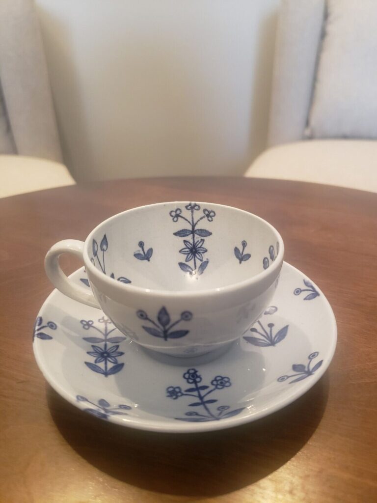 Read more about the article Arabia Finland Tapestry Blue Demitasse Cup 1 5/8″ Tall x 2 5/8″ Wide  Saucer T3