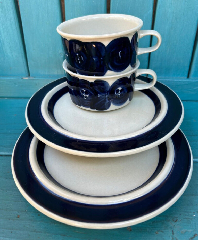 Read more about the article finland SIGNED 4-PIECE ARABIA ANEMONE 2 SALAD PLATES + 2 CUPS mugs COBALT BLUE