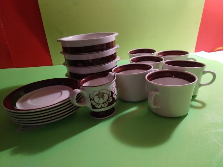 Read more about the article Lot of 17 – ARABIA FINLAND “Inari”  BROWN BAND CUPS/SAUCERS  and BOWLS Pre-owned *