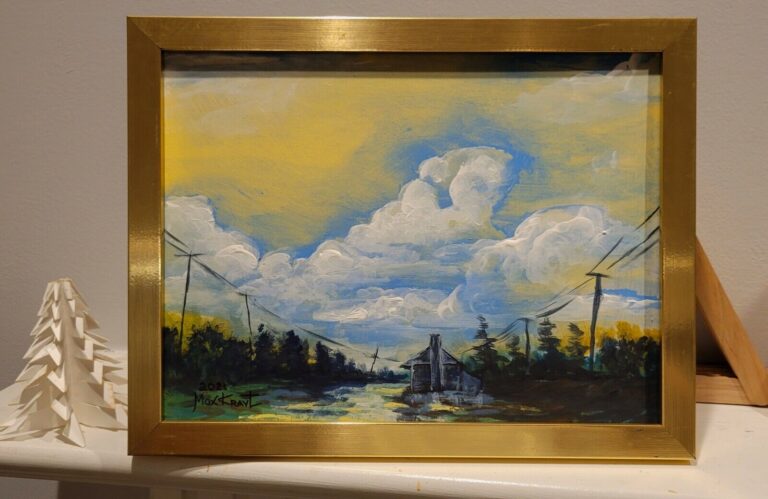 Read more about the article Original Painting Landscape Clouds Mistery Blue Barn Framed 9×12 Signed M. Kravt