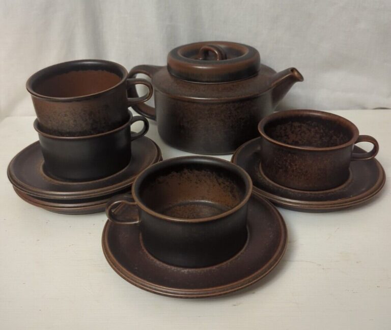 Read more about the article ARABIA SET  4 Teacup/Saucer + Tea Pot Brown w/Diffuser 4x 9.5″ Finland Stoneware