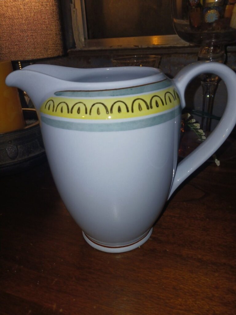 Read more about the article Vintage Arabia Finland Green Laurel Lt Blue  Pitcher Hand Painted Yellow Green