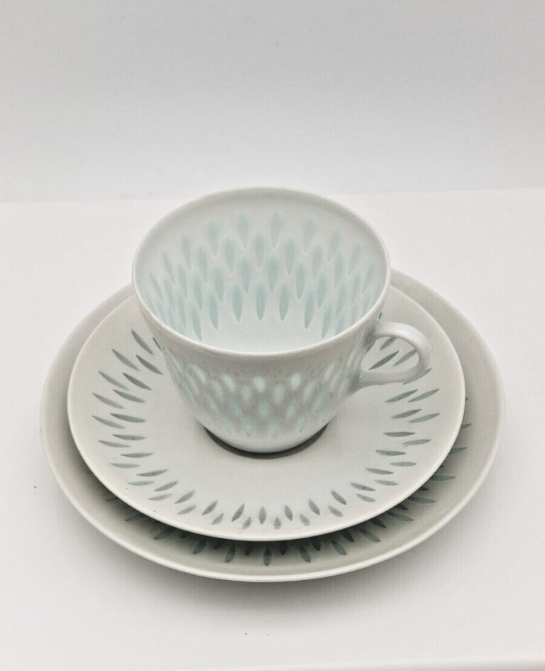 Read more about the article Arabia Porcelain Finland Trio Cup  Saucer  Sm Plate Friedl Kjellberg Rice Design