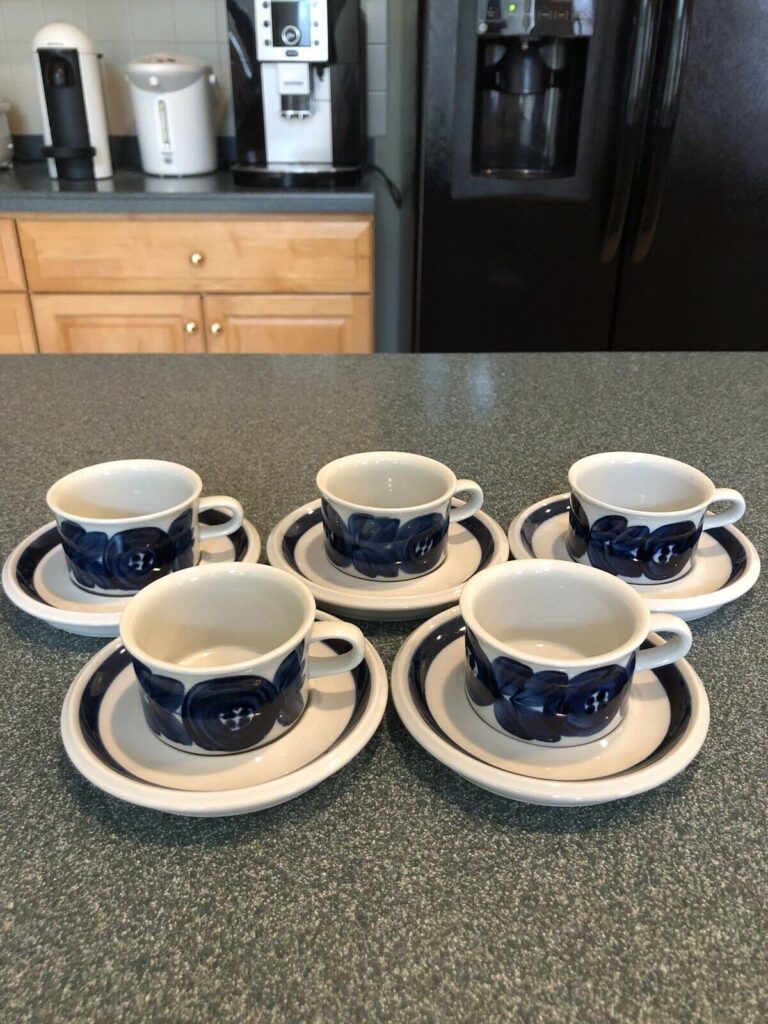Read more about the article Set Of 5 Arabia Finland Anemone Blue Ceramic Demitasse Cup and Saucer