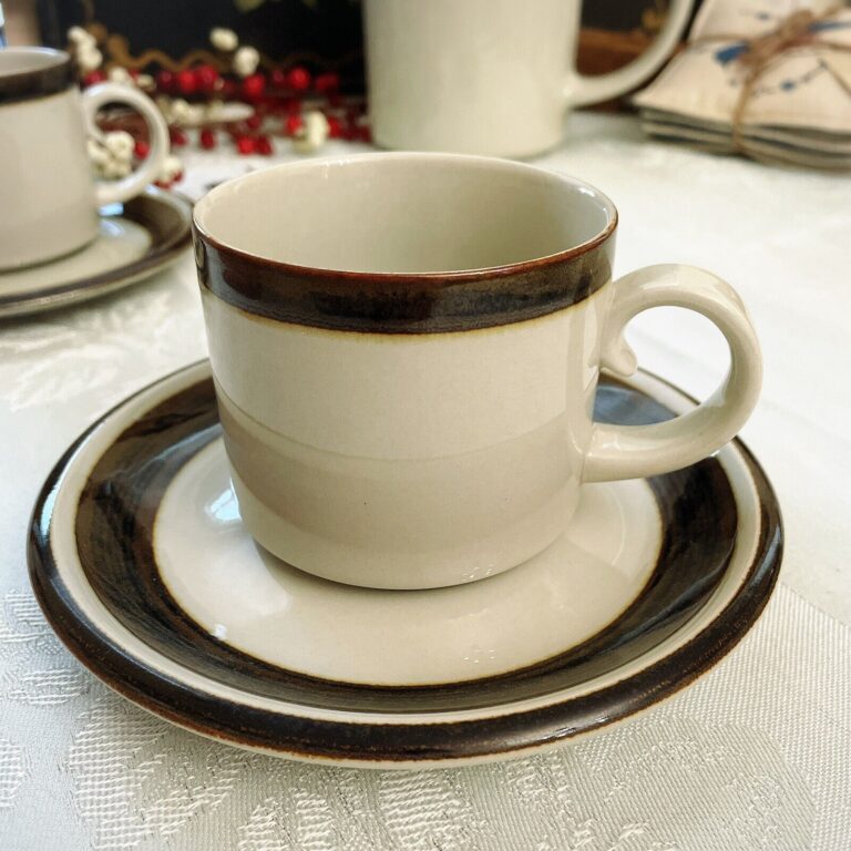 Read more about the article Arabia Finland Karelia Flat Cup and Saucer Brown/Black Bands (multiple Available)