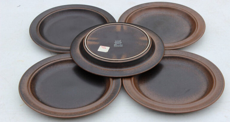 Read more about the article Vintage Arabia Finland Ruska Set of 5 Plates 9.5 inch Brown Stoneware New