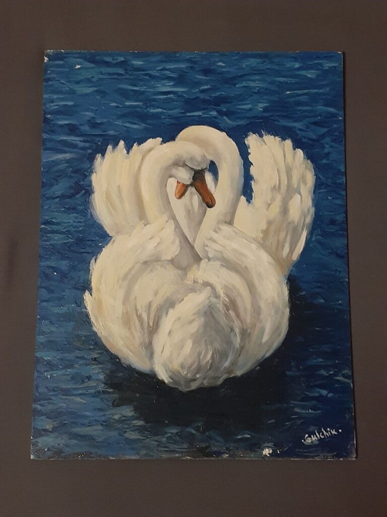 Read more about the article Swans Love original oil painting 12.75″ x 17.5″ by Gulchik on a wooden board