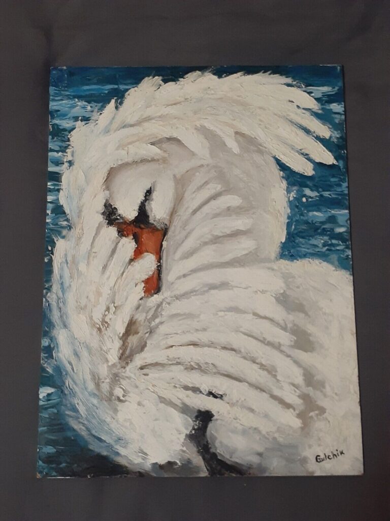 Read more about the article Swan original oil painting 12.75 x 17.5 inches by Gulchik on a wood board