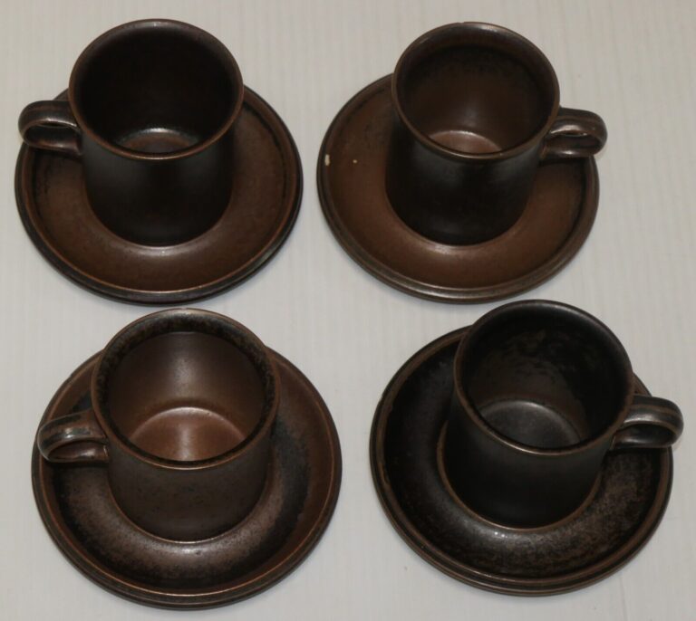 Read more about the article Arabia of Finland Ruska four (4) mugs and four (4) saucers Mid Century Modern