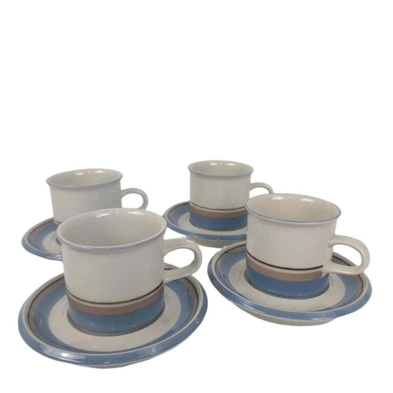 Read more about the article Arabia Finland UHTUA Set of 4 Continental Cups and Saucers Vtg 80s Stoneware Leivo