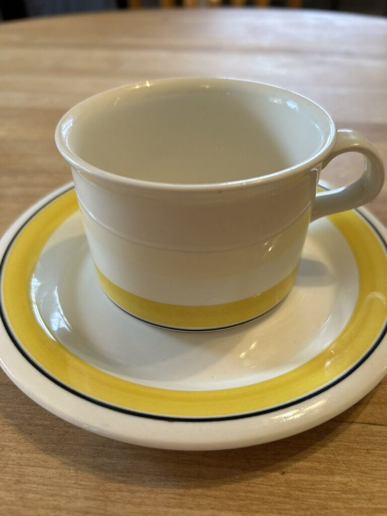 Read more about the article 1970s Arabia Finland Faenza Teacup and Saucer with Yellow and Bluish-Black Stripe