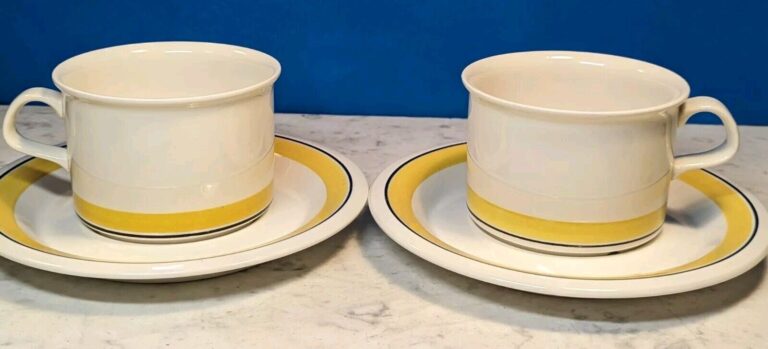 Read more about the article 70’s Set 2 Arabia Finland Faenza Mug Tea Cup and Saucer with Yellow Black Stripe