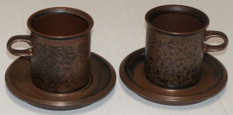 Read more about the article Arabia Finland Ruska Two (2) mugs and Two (2)  saucers Mid Century Modern