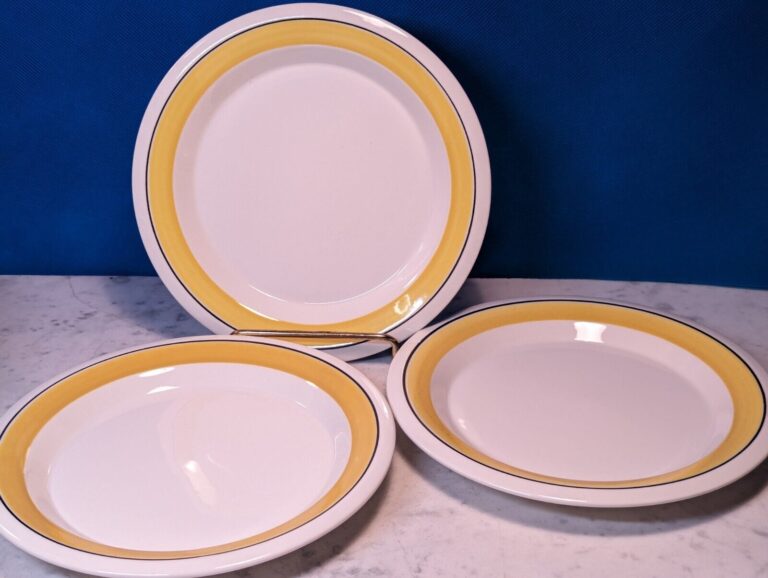 Read more about the article Set Of 3 Arabia of Finland Faenza Yellow Black Stripe Bread and Butter Plate EUC