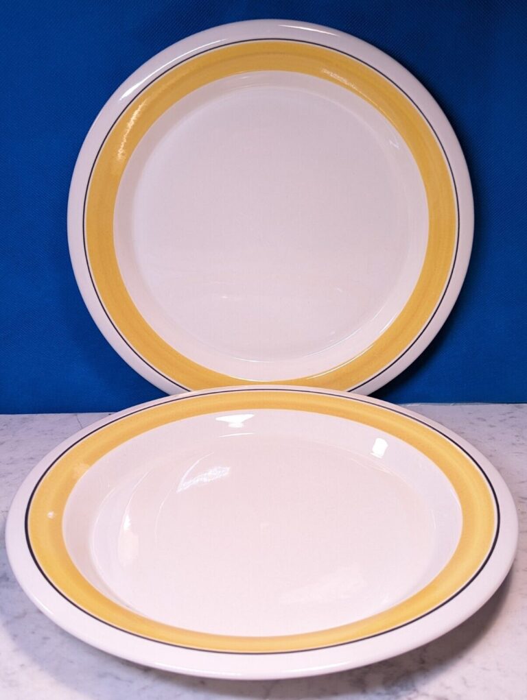 Read more about the article Set 2 Arabia Finland Faenza Yellow Black Stripe Dinner Plate Utensil Scratches