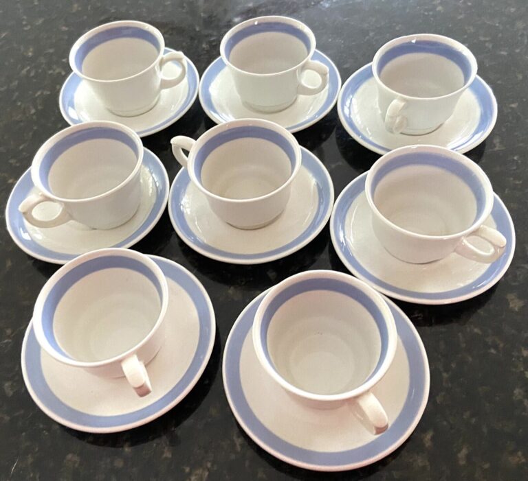 Read more about the article ARABIA Finland MCM Porcelain Ribbons Blue Stripe 8 Demitasse Cup and Saucer Set