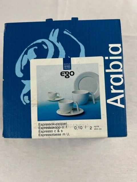 Read more about the article 2 Arabia Finland NIP 2 Expresso Cups and Saucers w original box never used Ego