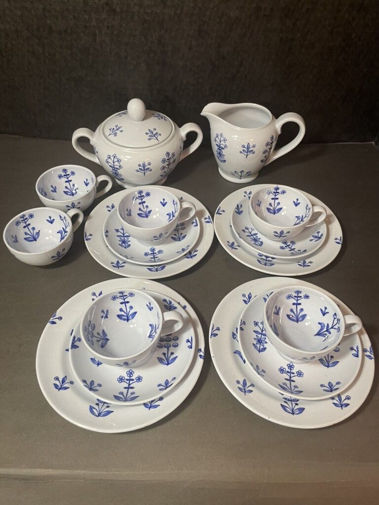 Read more about the article Vintage Arabia Finland Tapestry Blue Lot Of 17 Creamer Sugar Cups Saucers Plates