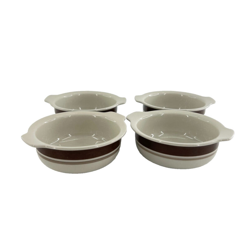 Read more about the article Arabia Finland PIRTTI  Cereal Soup Bowls Set of 4 Ceramic Brown Beige Stripped