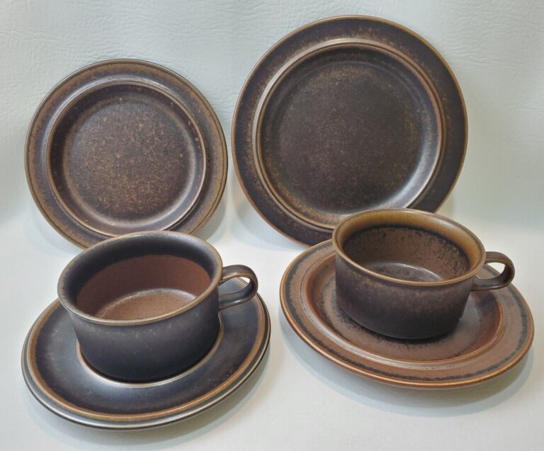 Read more about the article Arabia Finland Ruska Brown Cups Plates MCM Lot of 6