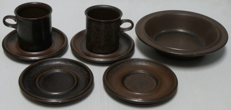 Read more about the article Arabia Finland Ruska Two (2) mugs and Four (4)  saucers One (1) cereal bowl MCM