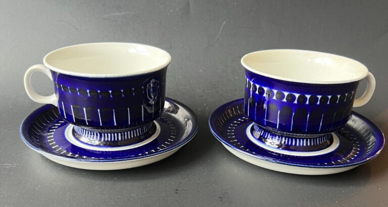 Read more about the article Arabia Finland Valencia Ulla Precope Cobalt Blue Set of 2 Footed Cups and Saucers