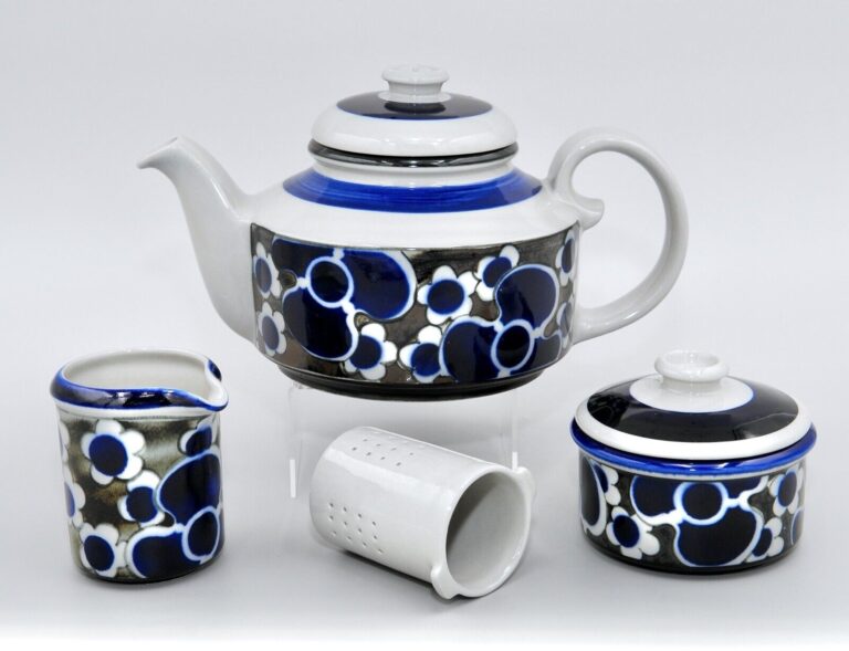 Read more about the article ARABIA FINLAND RARE “Saara” Tea Service – Teapot  Infuser  Creamer and Sugar Bowl