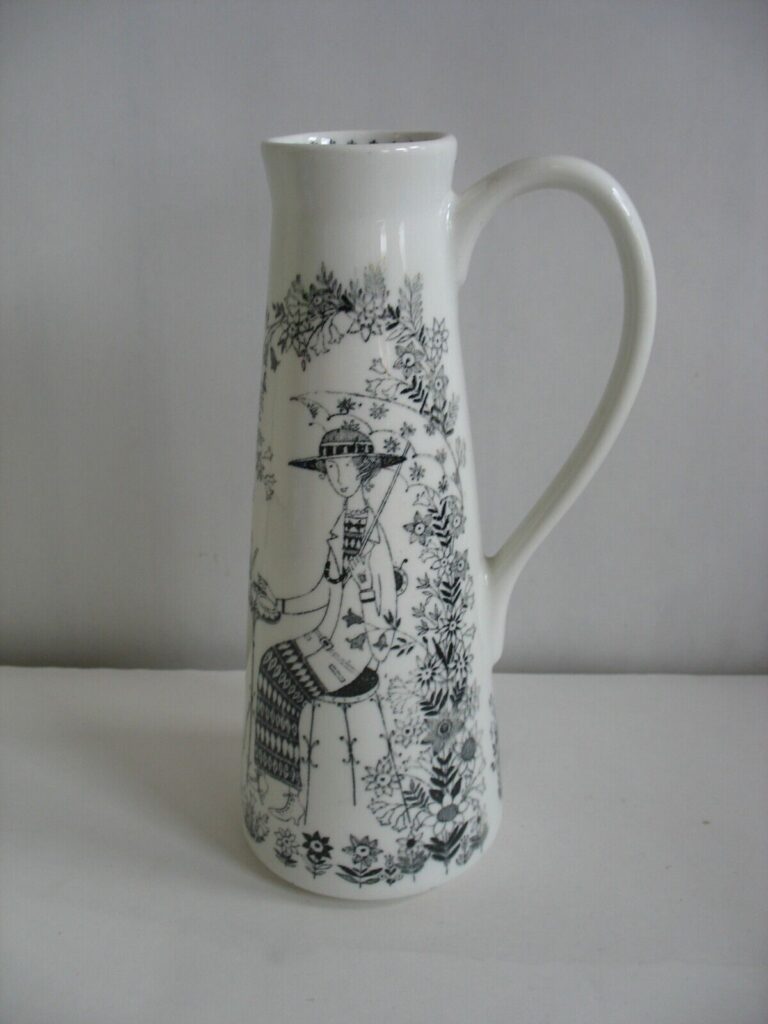 Read more about the article Vtg EMILIA Arabia of Finland 8 1/4″ black and white pitcher Barware Garden flowers