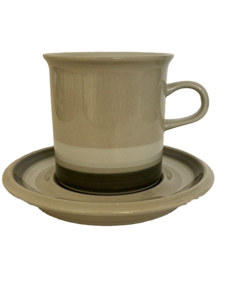 Read more about the article ARABIA OF FINLAND Salla Coffee Cup Saucer Gray Gray Tan White Stripe 8 oz.