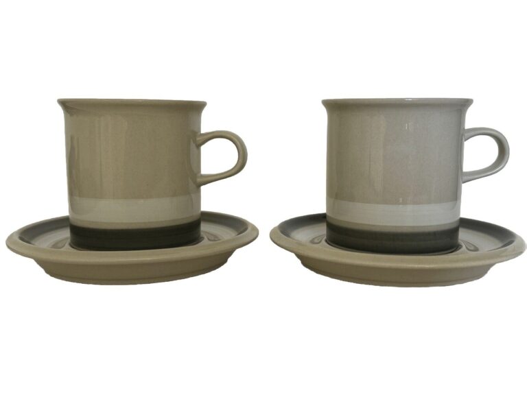 Read more about the article ARABIA OF FINLAND Salla 2 Coffee Cup Saucer Gray Gray Tan White Stripe 8 oz.