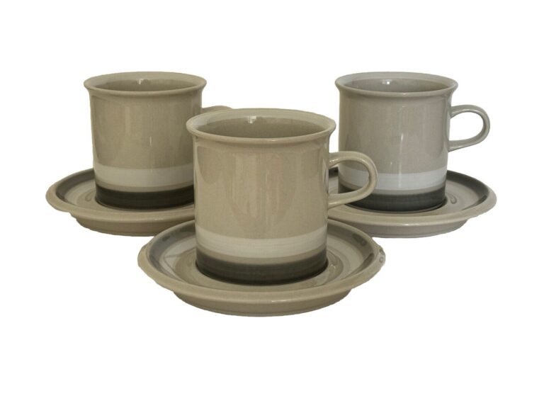 Read more about the article ARABIA OF FINLAND Salla Set 3 Coffee Cup Saucer Gray Gray Tan White Stripe 8 oz.