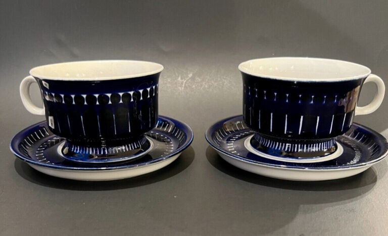 Read more about the article Arabia Finland Valencia Ulla Precope Cobalt Blue Set of 2 Footed Cups and Saucers