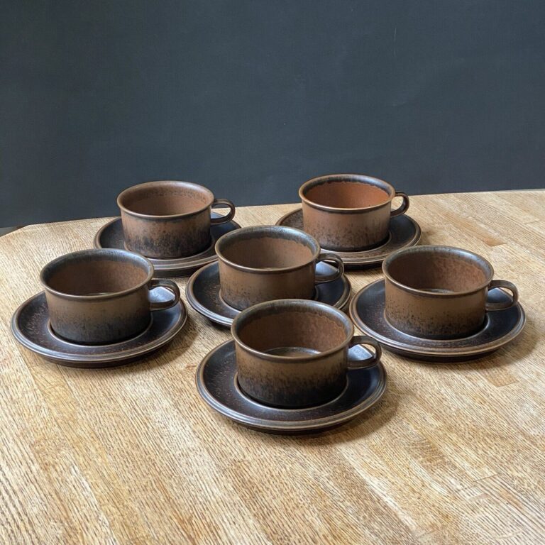 Read more about the article Set Of 6 Arabia of Finland Ruska Flat Tea Cups and Saucers Ulla Procope