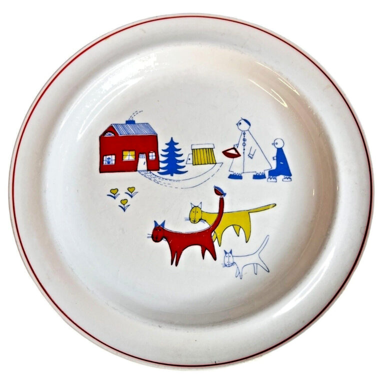 Read more about the article Vintage Arabia Finland Ceramic Plate Matin Matka Red And Blue Cats and House Child