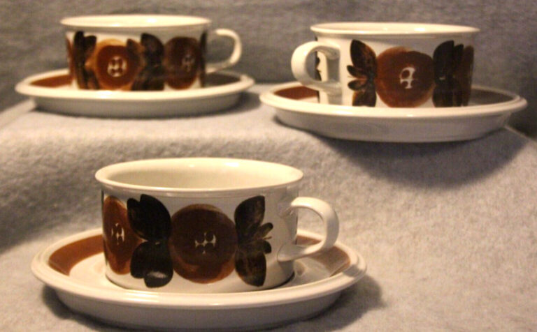 Read more about the article Arabia of Finland Flat Cup and Saucer Set of 3 Rosmarin Brown Floral CSFL 143741