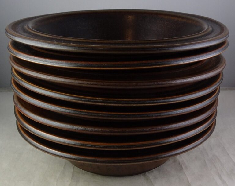 Read more about the article Eight Arabia Ruska Rim Cereal Bowls Light and Dark Brown Spotted MCM