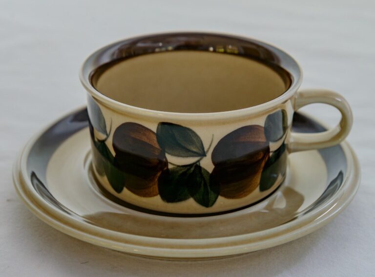 Read more about the article Vintage Arabia Finland Ruija Troubadour FLAT CUP and SAUCER Fruit Leaves Coffee