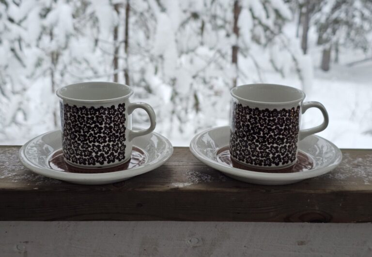 Read more about the article Arabia Finland 2 sets “Faenza” brown flower moccha coffee cup and plate