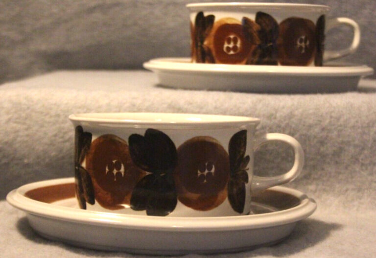 Read more about the article Arabia of Finland Flat Cup and Saucer Set of 2 Rosmarin Brown Floral CSFL 143741