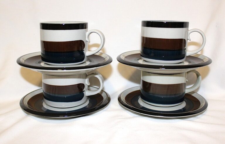 Read more about the article Arabia Of Finland “Kaira” Blue and Brown Stripes 4 Cups and Saucer sets MINT!