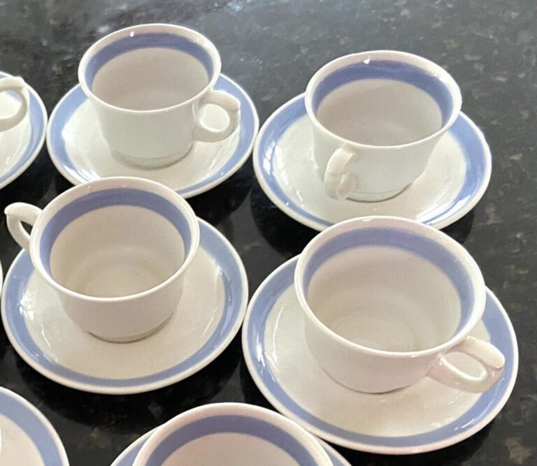 Read more about the article ARABIA Finland MCM Porcelain Ribbons Blue Stripe Demitasse Cup and Saucer Set FOUR