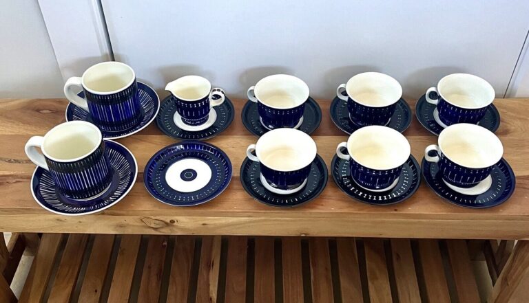 Read more about the article Arabia Finland Valencia Blue Footed Cup and Saucers Mugs Creamer 19-piece Set