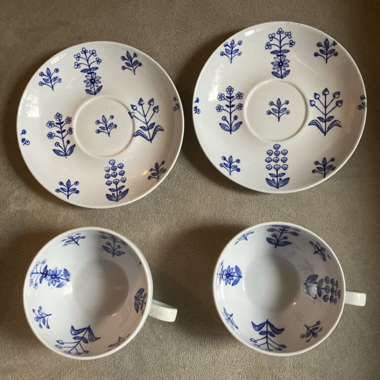 Read more about the article Vintage Arabia Finland Blue Tapestry Wildflower  2 Tea Cups and  2 Saucers