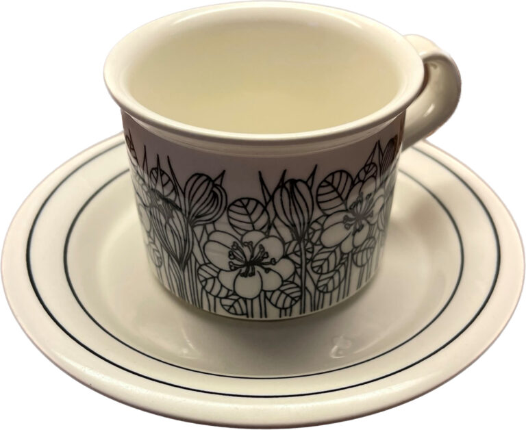 Read more about the article Arabia Finland Krokus Cup and Saucer Black White Esteri Tomula Coffee Tea